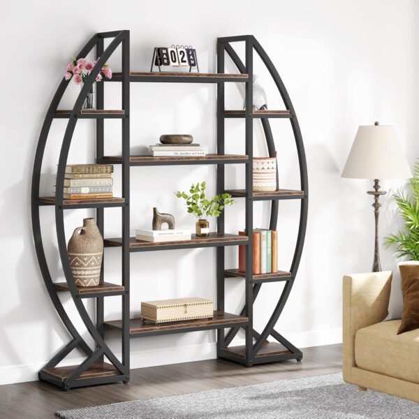 Tribesigns Oval Bookshelf, Triple Wide 5 Tier Etagere Bookcase, Industrial Display Shelves for Living Room (Brown, 55") - Image 4