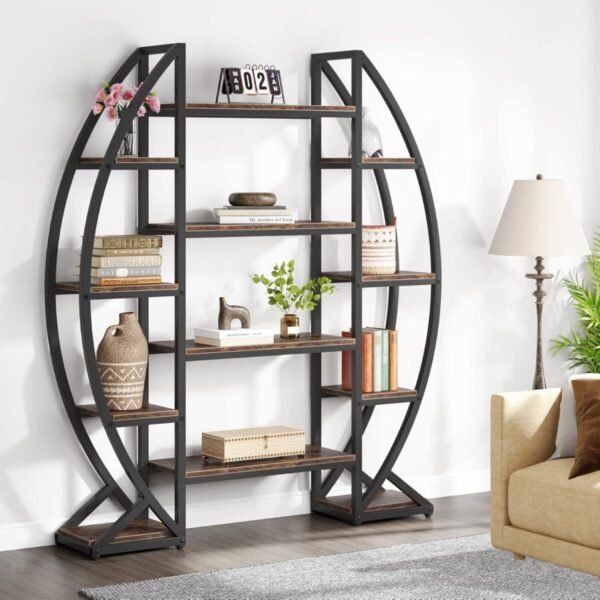 Tribesigns Oval Bookshelf, Triple Wide 5 Tier Etagere Bookcase, Industrial Display Shelves for Living Room (Brown, 55") - Image 4