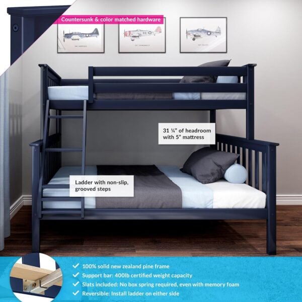 Max & Lily Bunk Bed Twin Over Full Size with Ladder, Solid Wood Platform Bed Frame with Ladder for Kids, 14" Safety Guardrails, Easy Assembly, No Box Spring Needed, Blue - Image 2
