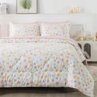 Wajade Floral Comforter Set Bed in A Bag Twin Size 7 Piece Pink Botanical Flower and Green Leaves Bedding Set for Girls (1 Comforter, 1 Flat Sheet, 1 Fitted Sheet, 2 Pillowcase and 2 Pillow Sham)