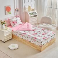 Kids Comforter Set with Zipper – 2 Pieces Twin Size Zipper Bedding Comforter Set Lightweight Microfiber Comforter Set with Fitted Sheet Pillow Covers – White Pink Flower Green Leaves for Girls
